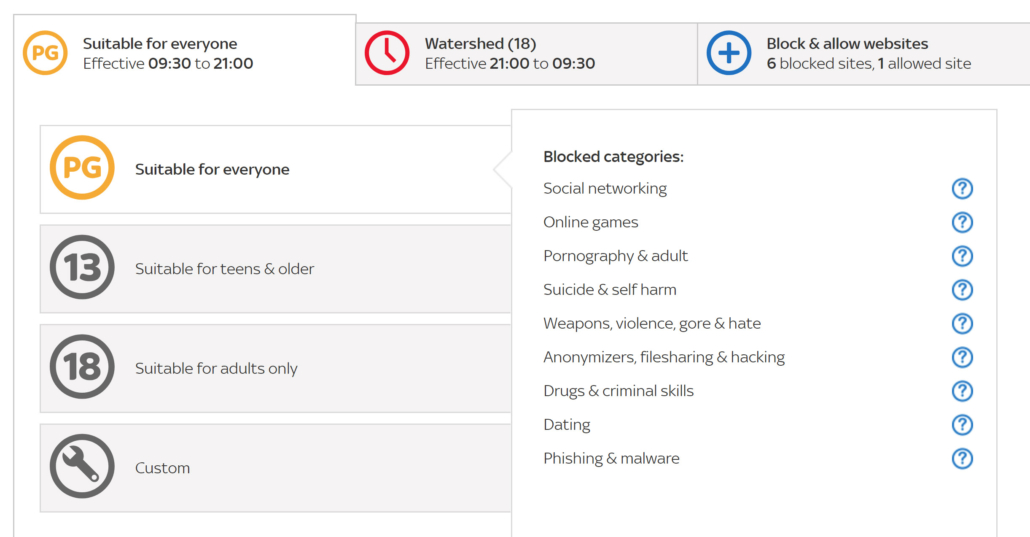 Sky Broadband Shield Settings