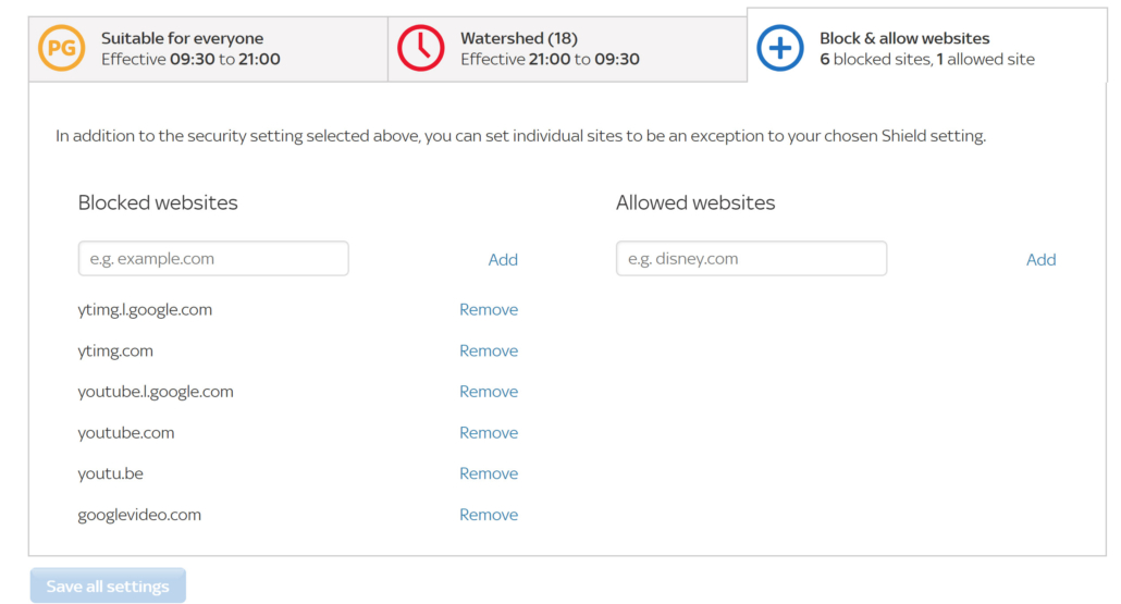 Sky Broadband Shield Settings Block Sites