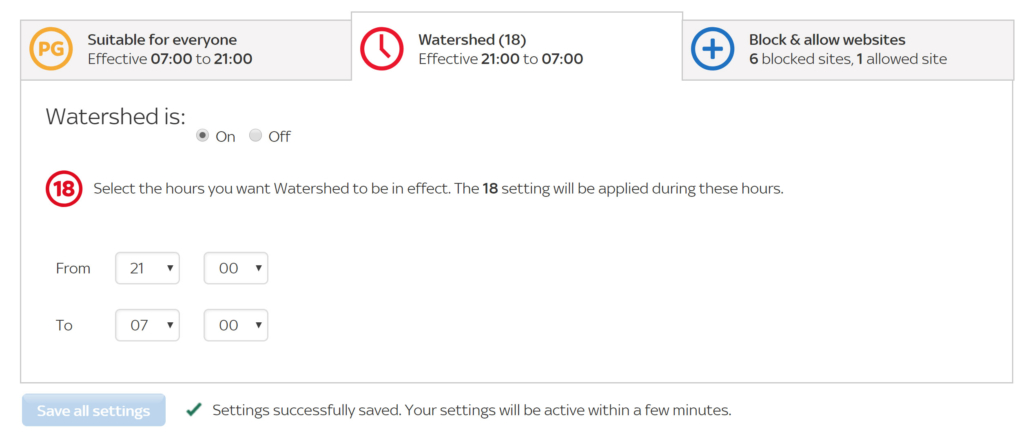 Sky Broadband Shield Settings watershed settings